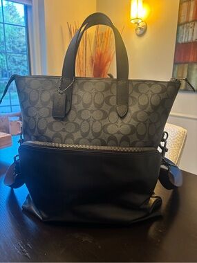 Coach Black Signature Canvas and Leather Tote with Front Zip Pocket